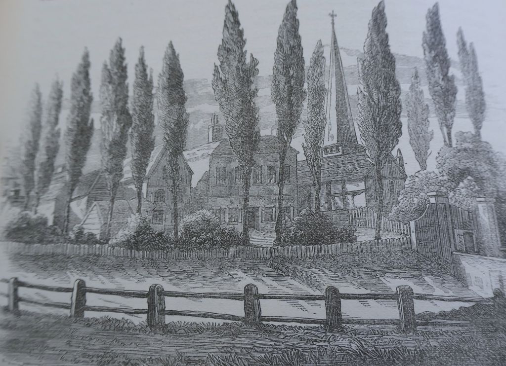 Wood engraving of a Georgian house and an older gabled building behind poplars and a fenced moat.