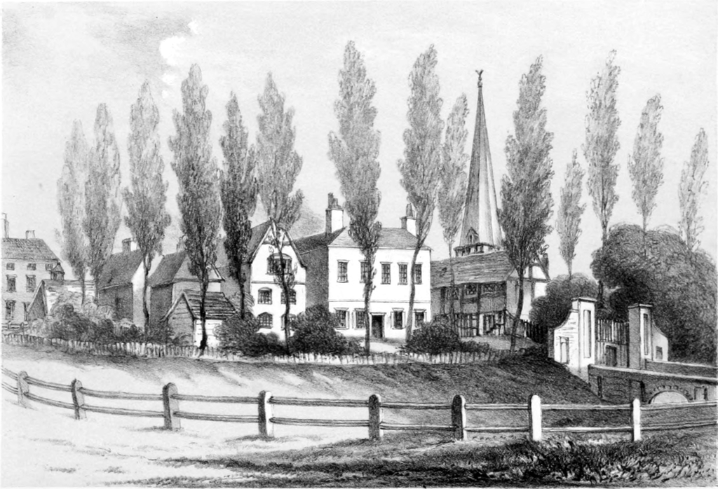 Engraved view of a moated group of houses and trees seen from the south-east.