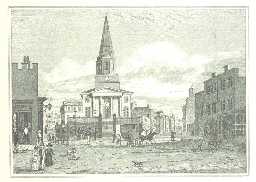 Engraving of a classical stone church with a four-column portico and a tall spire rising from a clock tower.