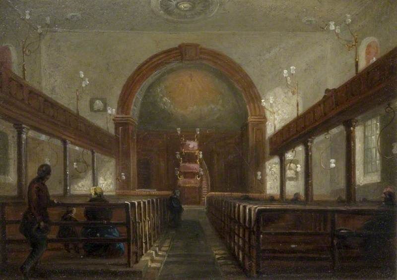 Painting of a church interior with box pews, side galleries on slender columns and an arched recess at the far end.
