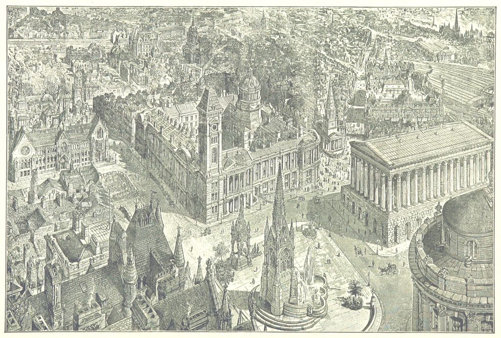 Detailed bird’s-eye drawing over a Victorian city centre with civic buildings and a church spire.