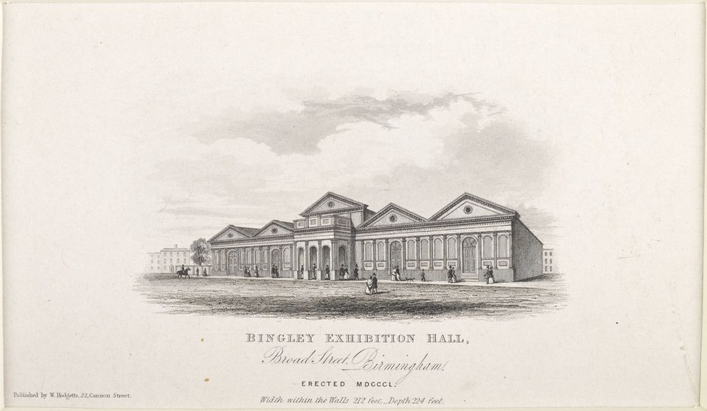 Engraving of a long, low brick exhibition hall with five pedimented gables and a raised central entrance of round arches.