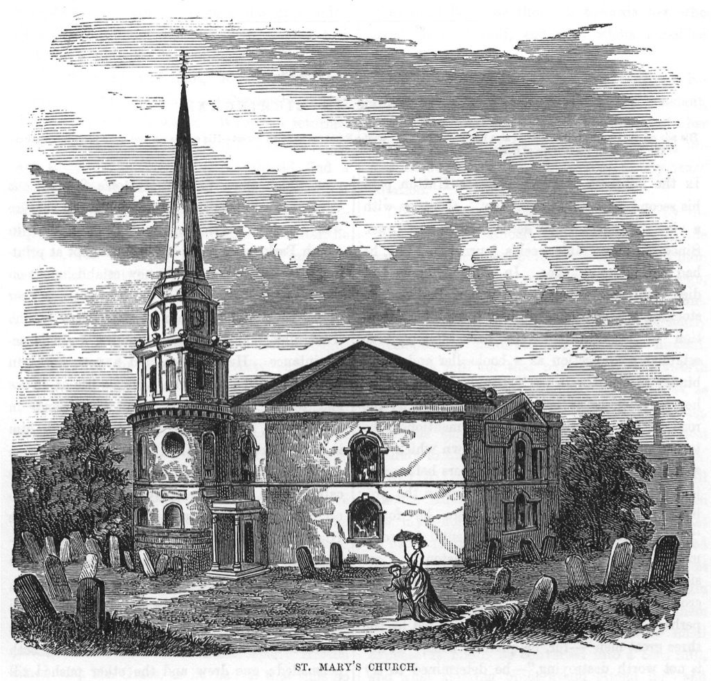 Engraving of an octagonal Georgian church with a large pyramid roof and a slender spire on a round tower, among gravestones.