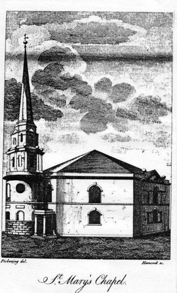 Eighteenth-century engraving of an octagonal chapel with a heavy roof and a tall thin spire.