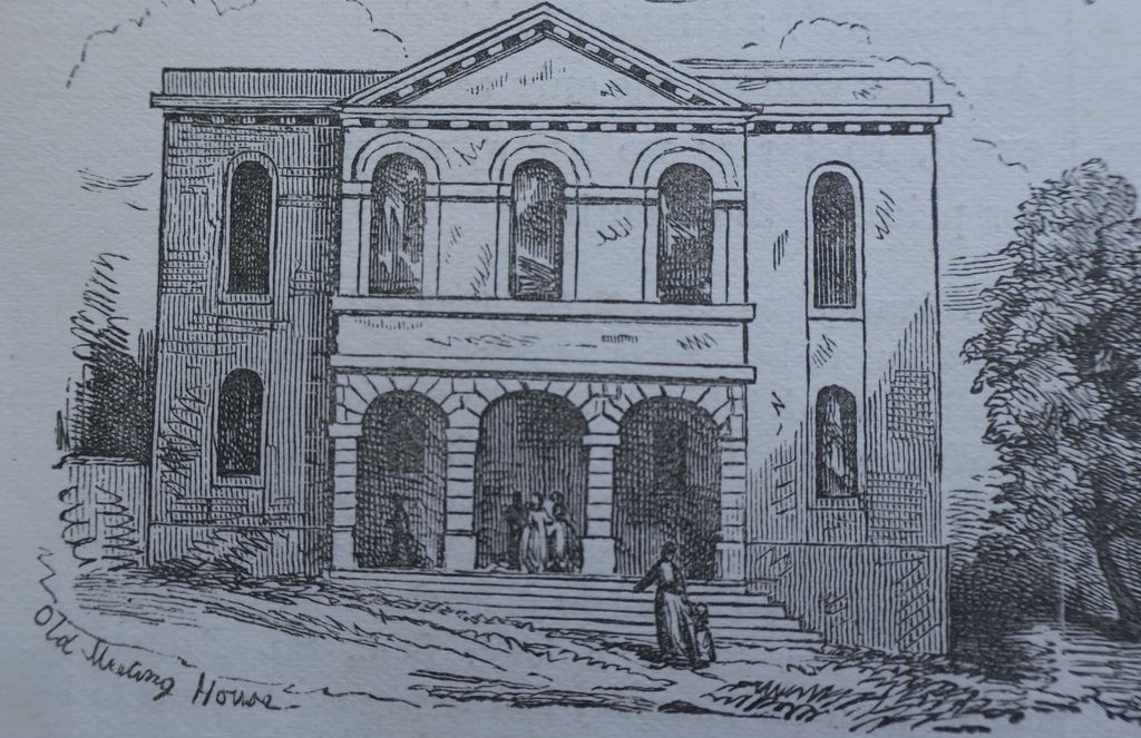 Engraving of a Georgian brick chapel with a pedimented centre, three tall arched upper windows and a porch of three arches reached by steps.