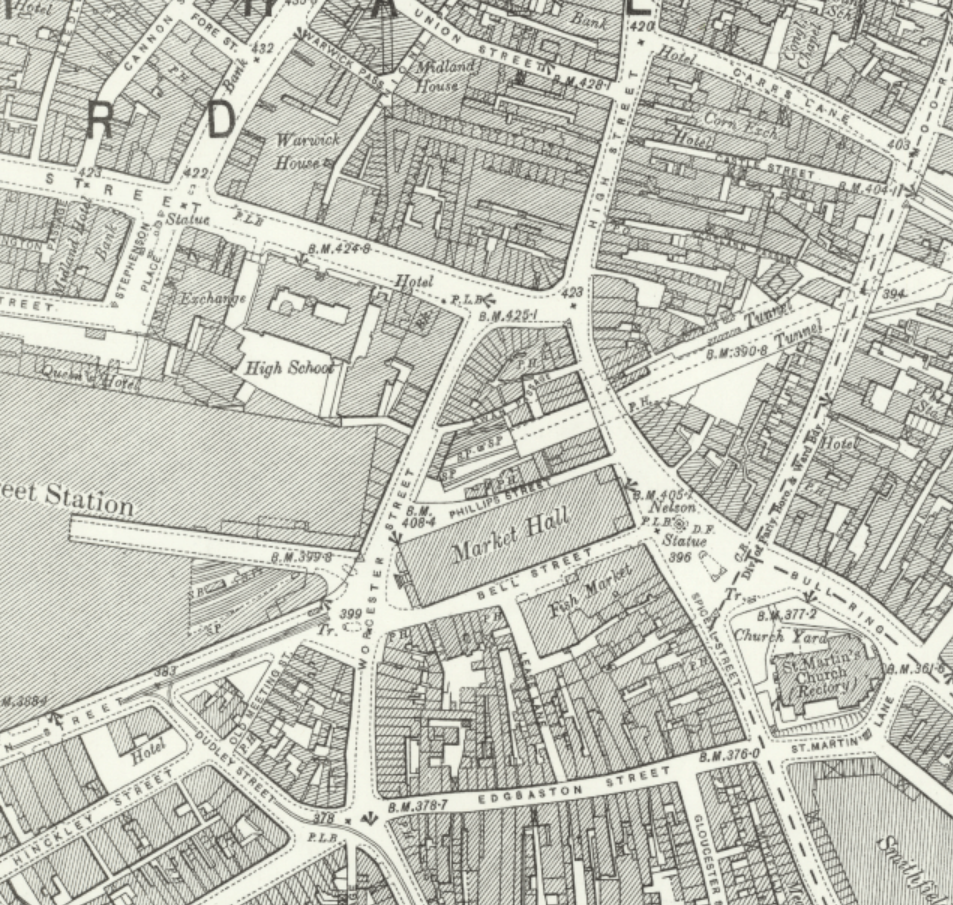 Old Ordnance Survey map of the Bull Ring area, with the Market Hall, the Fish Market across Bell Street and Smithfield Market south of St Martin’s Church.