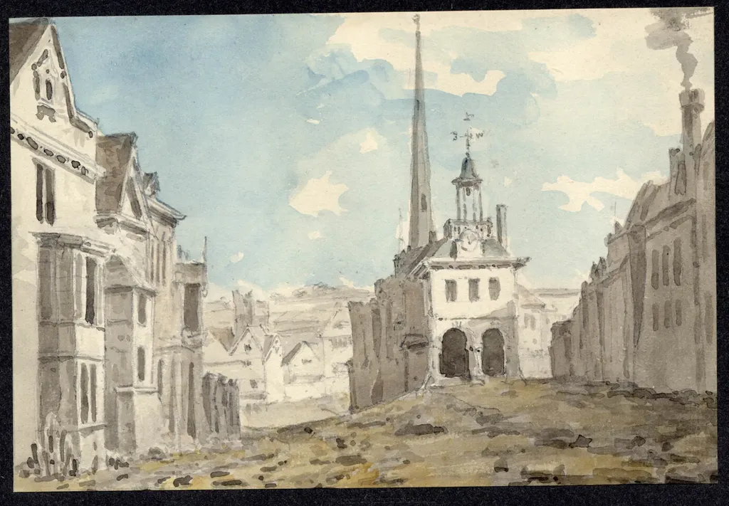 Grey wash and watercolour drawing looking down a street to a small arched market house with a cupola, with a church spire behind.