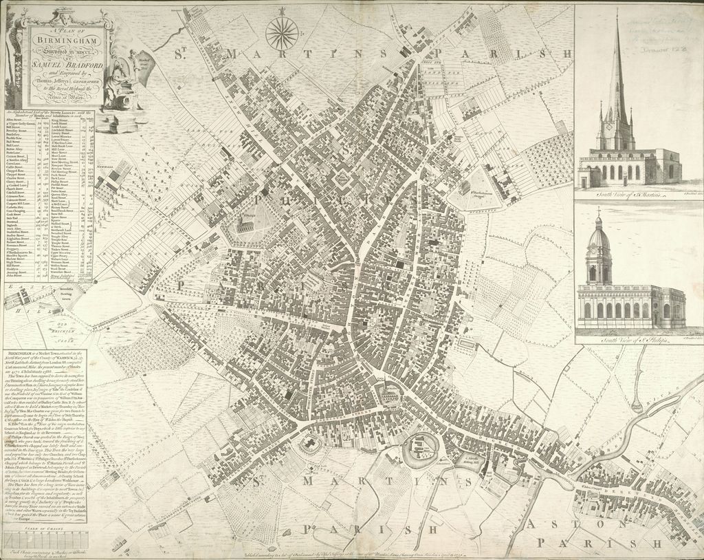 Engraved eighteenth-century street plan of Birmingham.