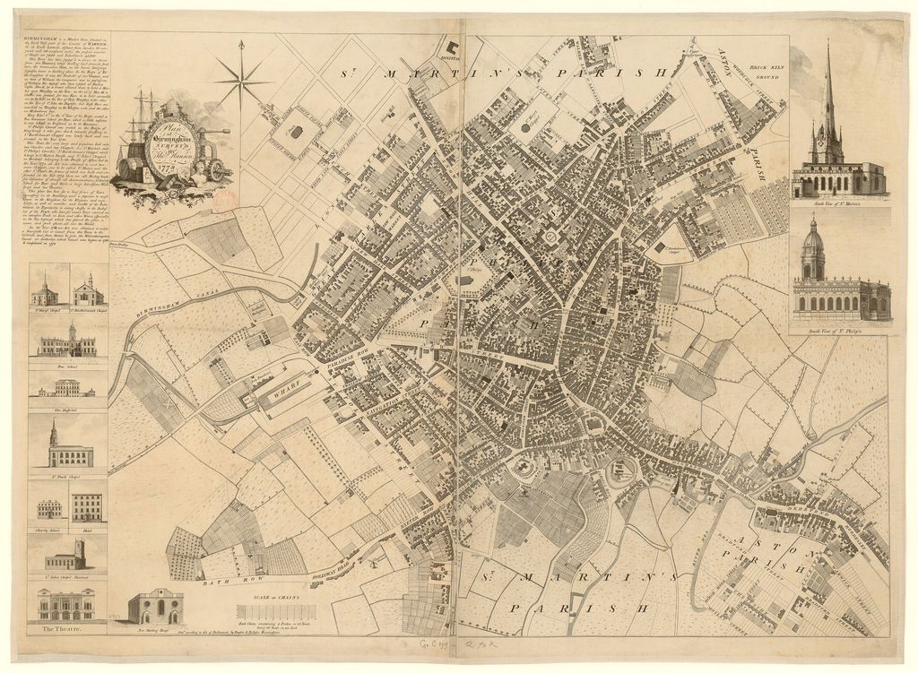 Engraved town plan of Birmingham with numbered streets and small building symbols.