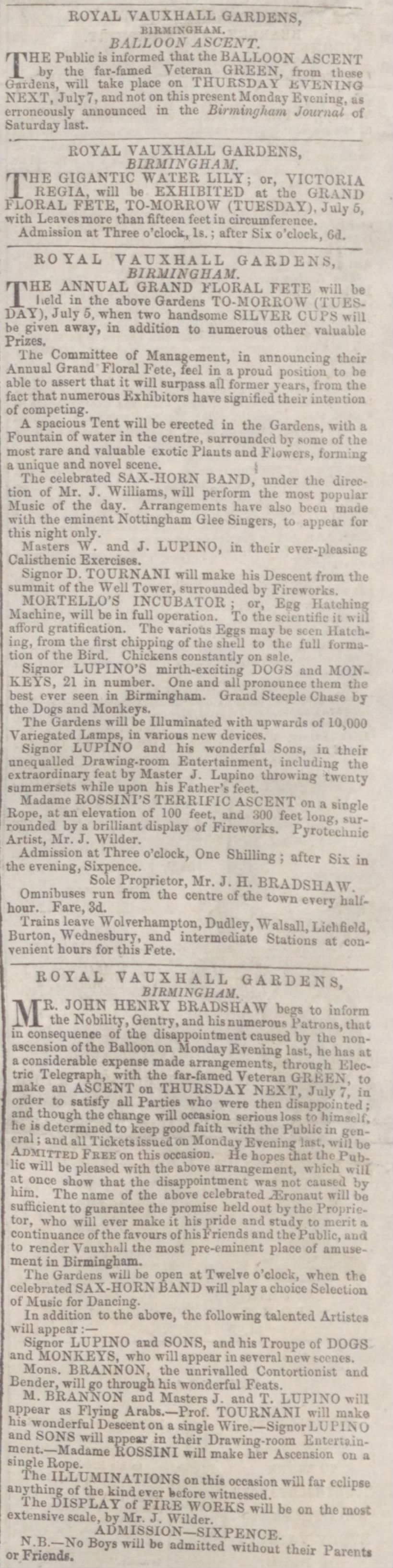 Column of newspaper advertisements announcing a balloon ascent and a floral fête.