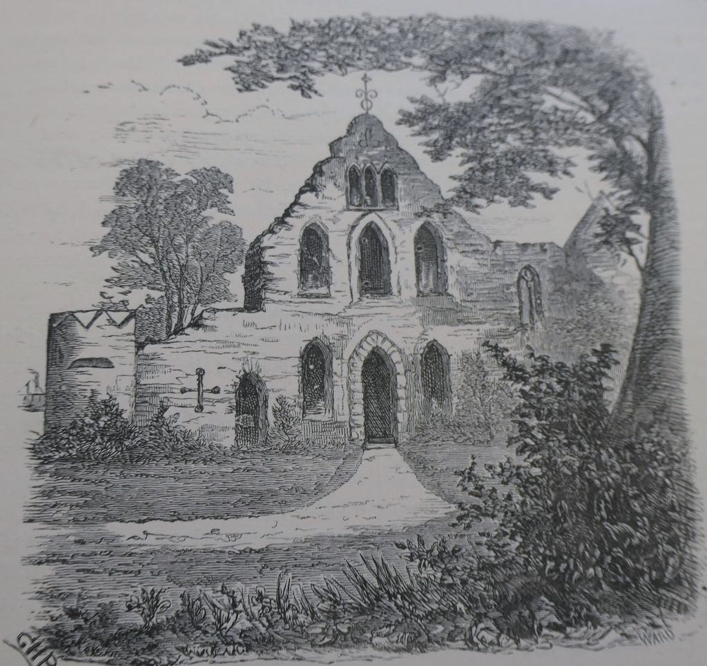 Engraving of a sham ruined abbey front with a gable, lancet windows and a pointed doorway among trees.
