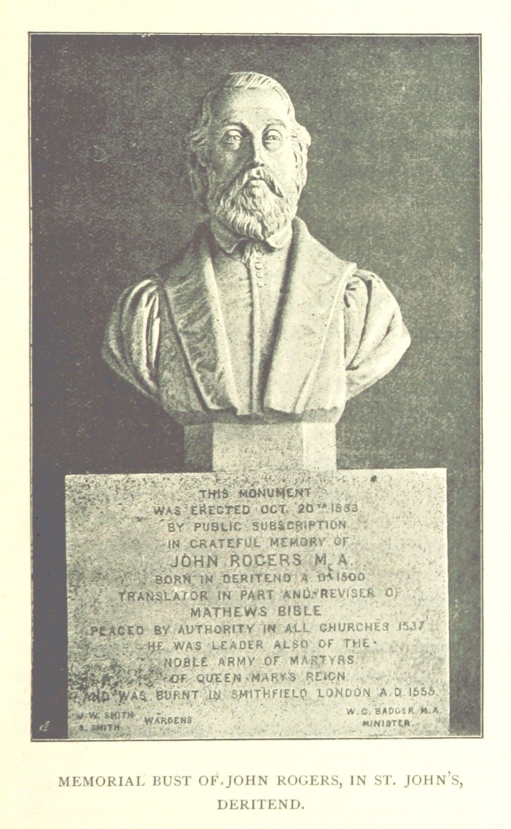 Engraving of a bearded man’s memorial bust on a pedestal.