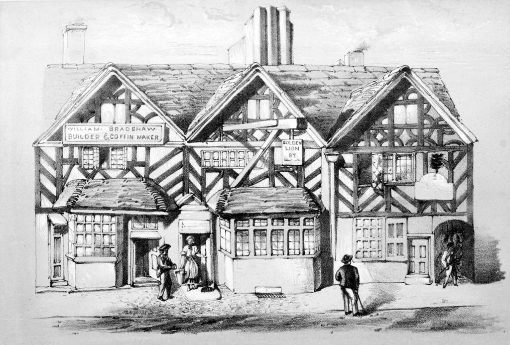 Print of a three-gabled black-and-white timber-framed house on a street, with bay windows and an inn sign.