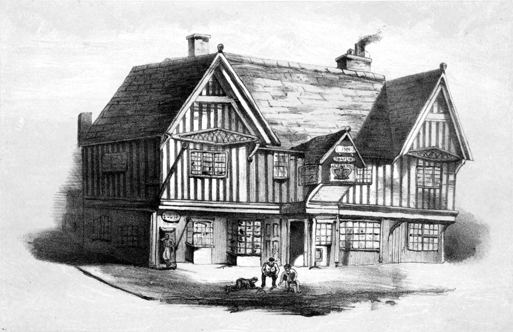 Print of a timber-framed inn with two large gables and a small central gabled porch with a crown sign.