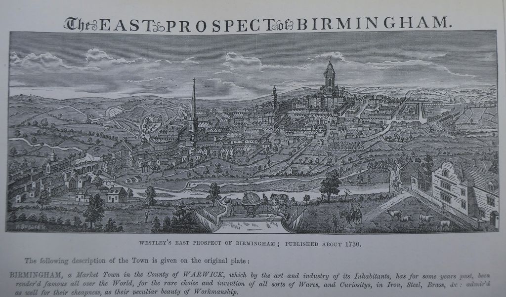 Engraved panorama of Georgian Birmingham seen from the east, with church spires on the skyline and the river valley in front.