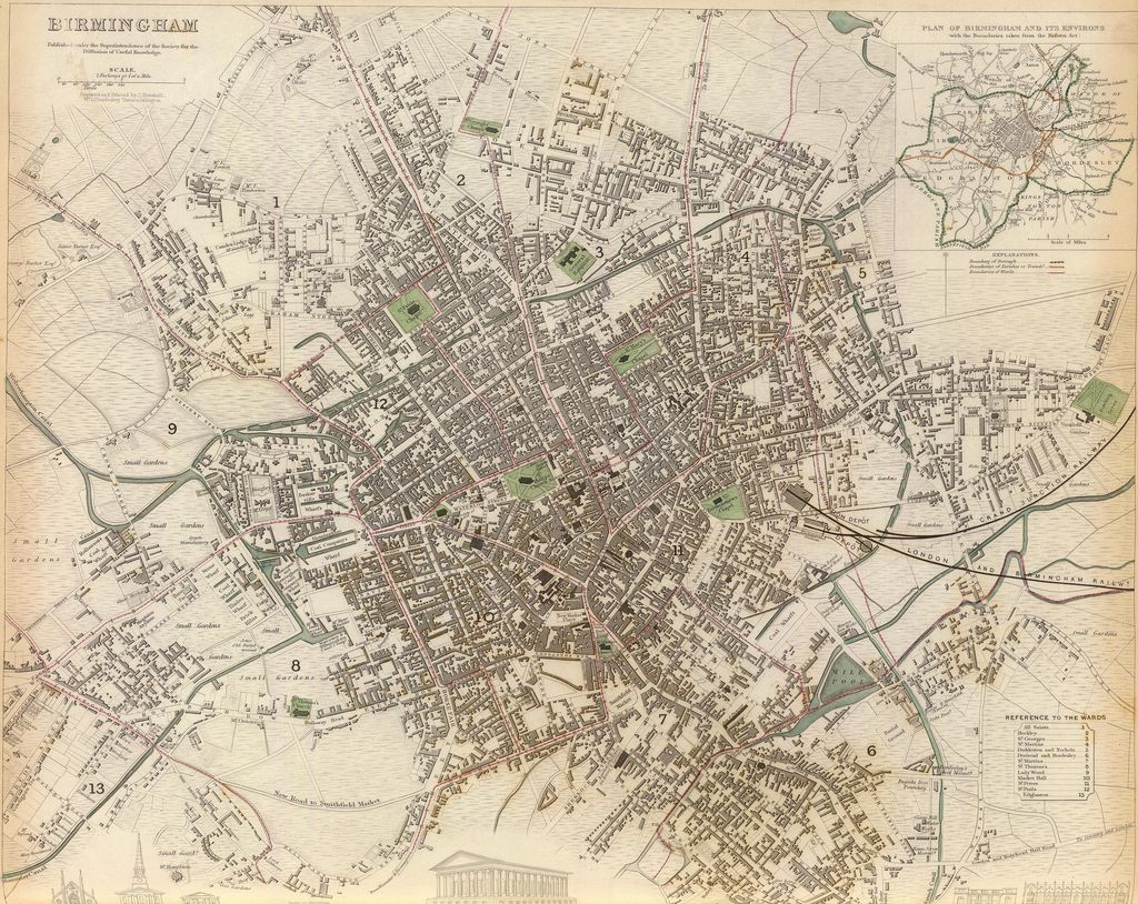 Engraved 1839 street map of Birmingham with canals, the new railway terminus and the river valley to the south-east.