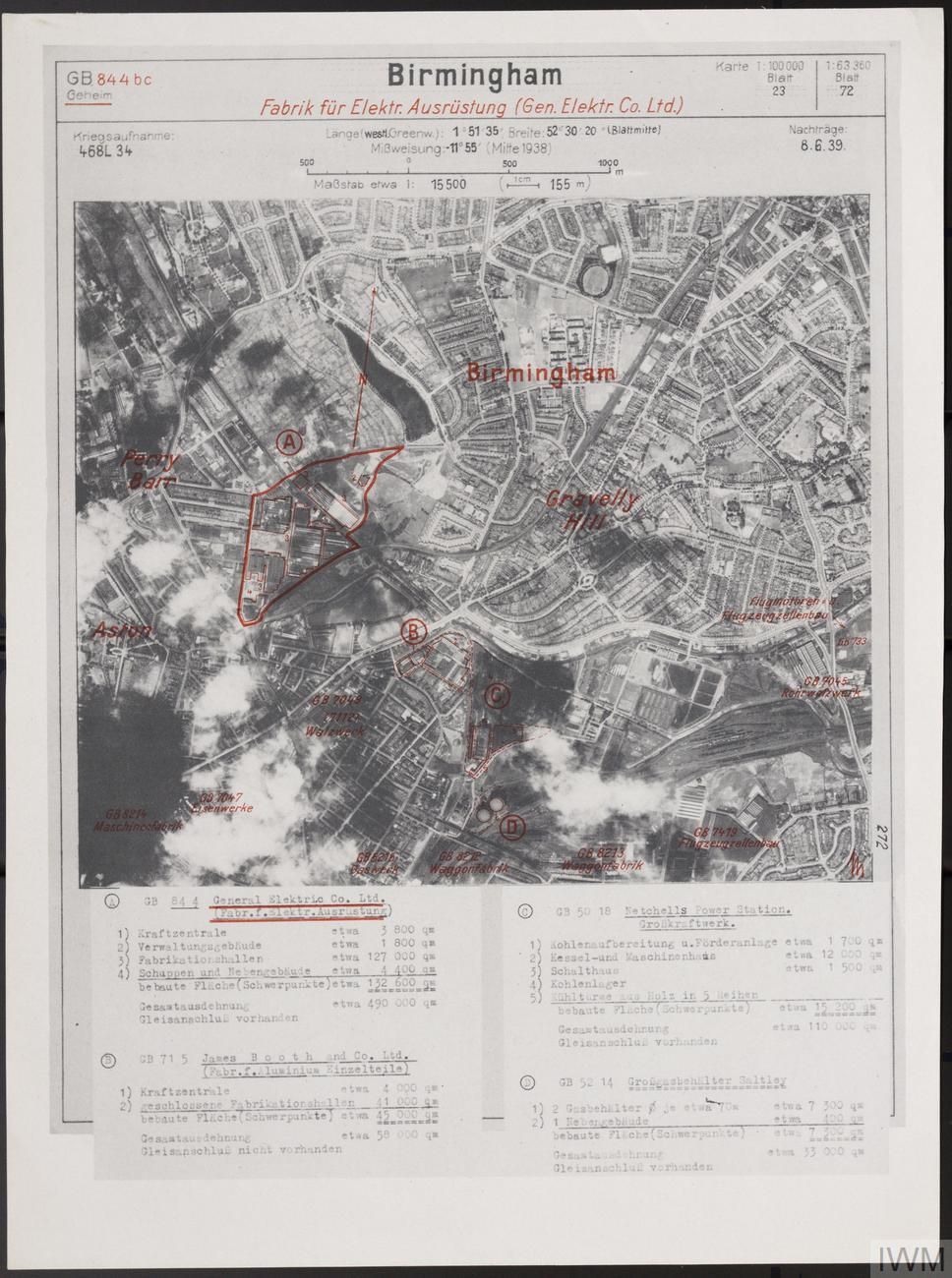 German target sheet: aerial photograph of Witton, Perry Barr and Gravelly Hill with the GEC works outlined in red and lettered A to D, above typed German notes.