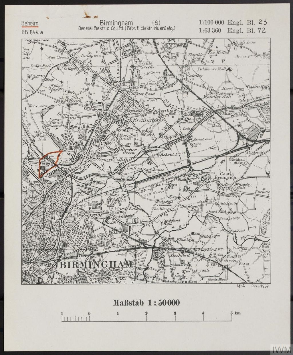 German 1:50,000 map of north-east Birmingham with the GEC Witton works outlined in red; New Oscott, Warren Farm and Witton Lodge Farm appear in the top-left corner.