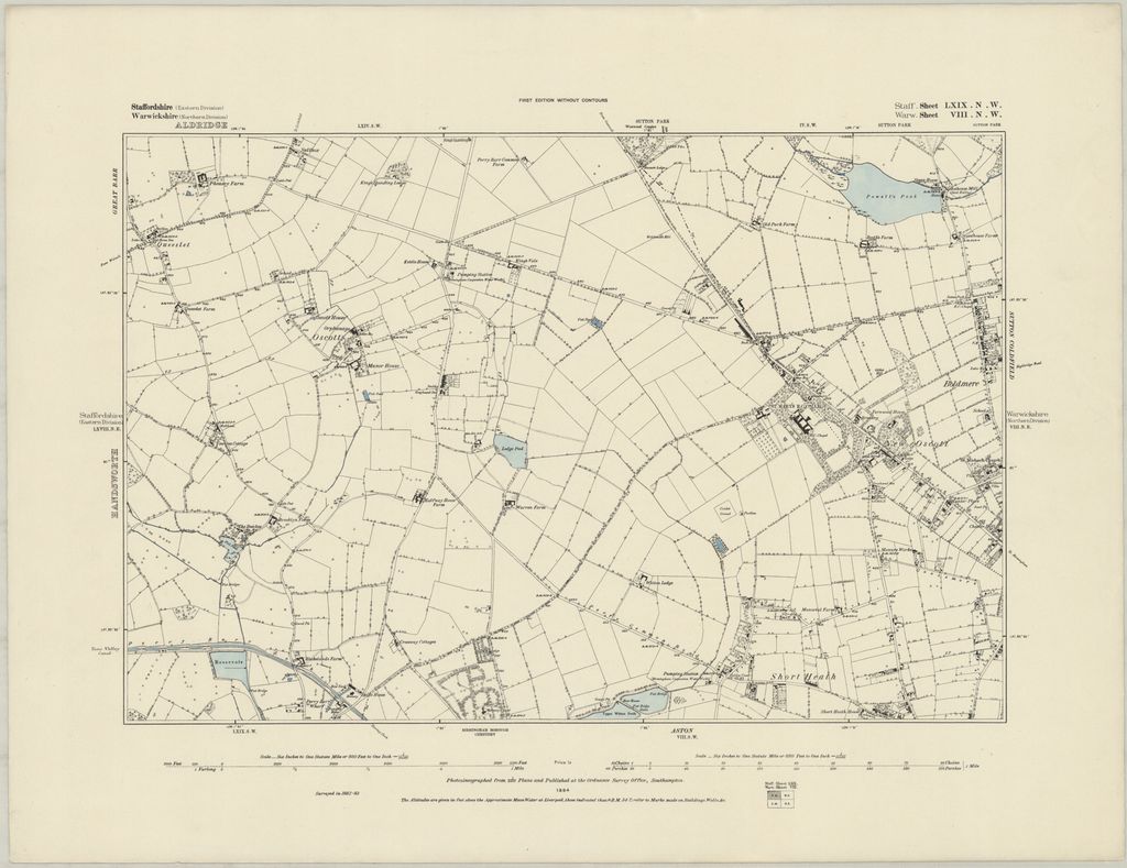Ordnance Survey six-inch map of 1884 showing the farmland, lanes and farms of the Kingstanding area in the 1880s