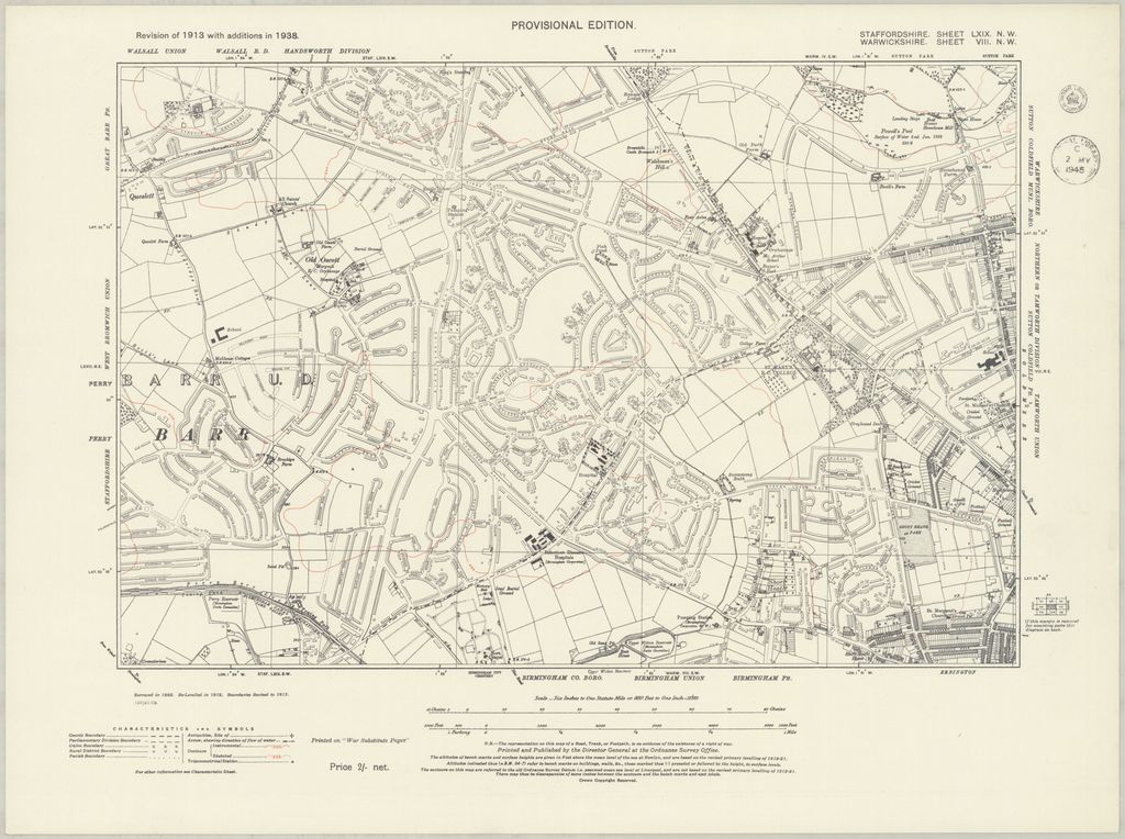 Ordnance Survey six-inch map with 1938 additions showing the completed Kingstanding estate and the neighbouring districts