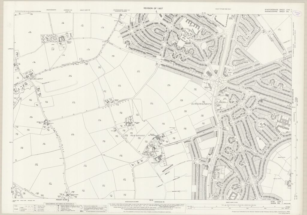 Ordnance Survey 25-inch map revised in 1937 showing the new Kingstanding estate, with roads radiating from the Circle, beside remaining fields and Old Oscott