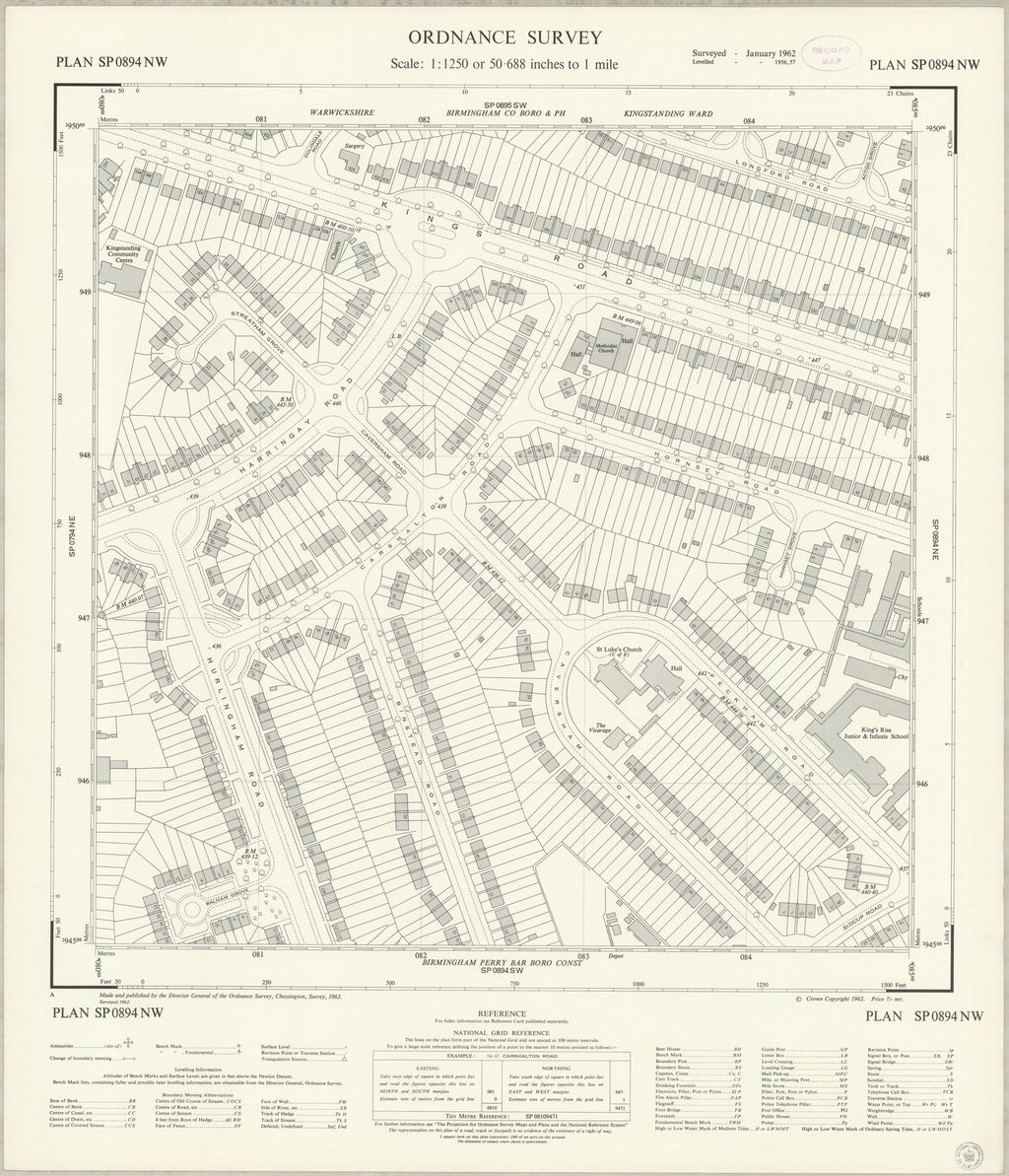 Ordnance Survey 1:1,250 plan of 1962 showing every house and garden around Kings Road and Carshalton Road, with St Luke’s Church and Kings Rise school