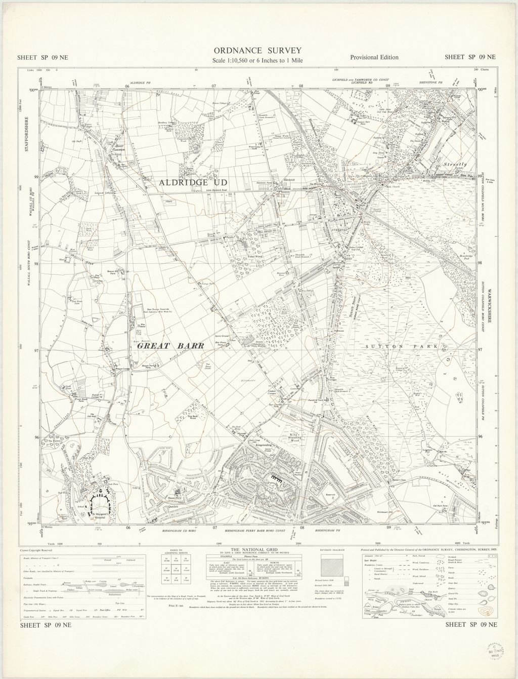 Six-inch National Grid map of 1955 covering north Kingstanding, Queslett, Pheasey, Banners Gate and western Sutton Coldfield