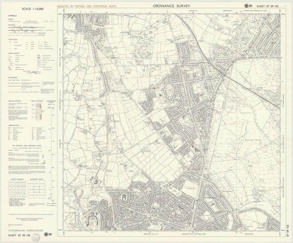Six-inch National Grid map of 1971 covering north Kingstanding, Queslett, Pheasey and Banners Gate with post-war housing and schools