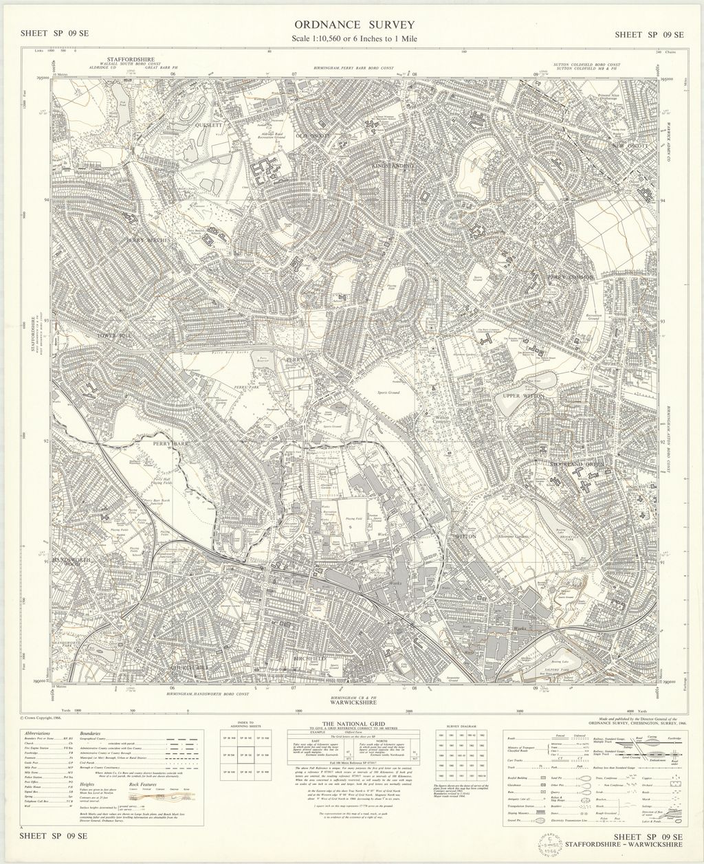 Six-inch National Grid map of 1966 covering Kingstanding, Perry Common, Witton Lakes and Perry Barr with 1950s–60s changes
