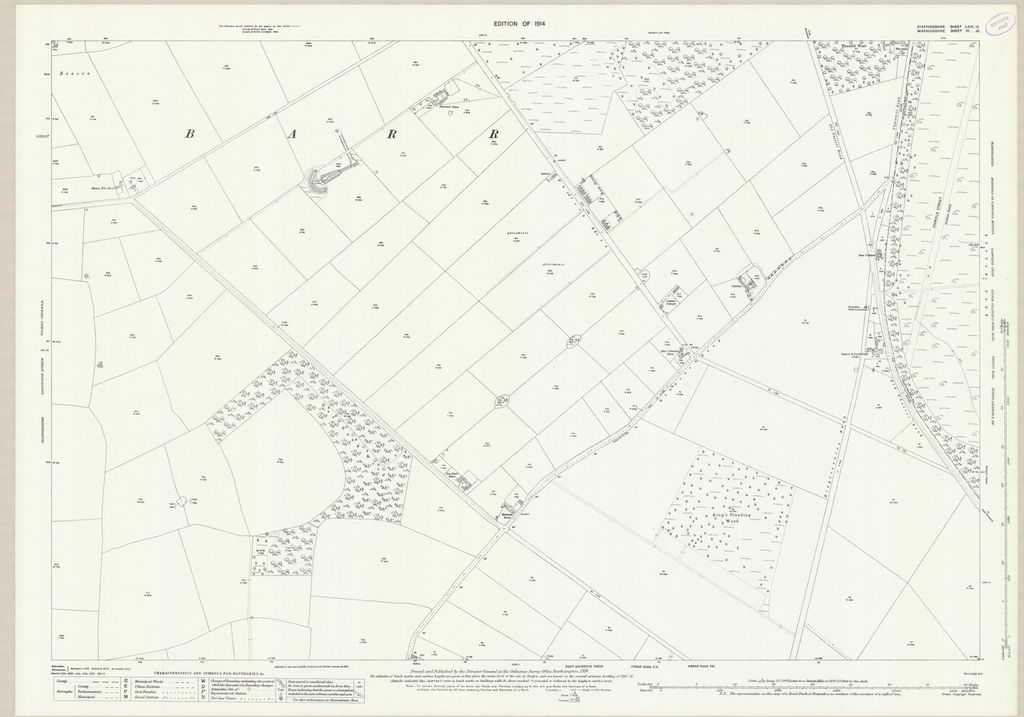 Detailed 1914 map of farmland north of the King's Standing mound towards Queslett and Pheasey, with farms, lanes and field boundaries