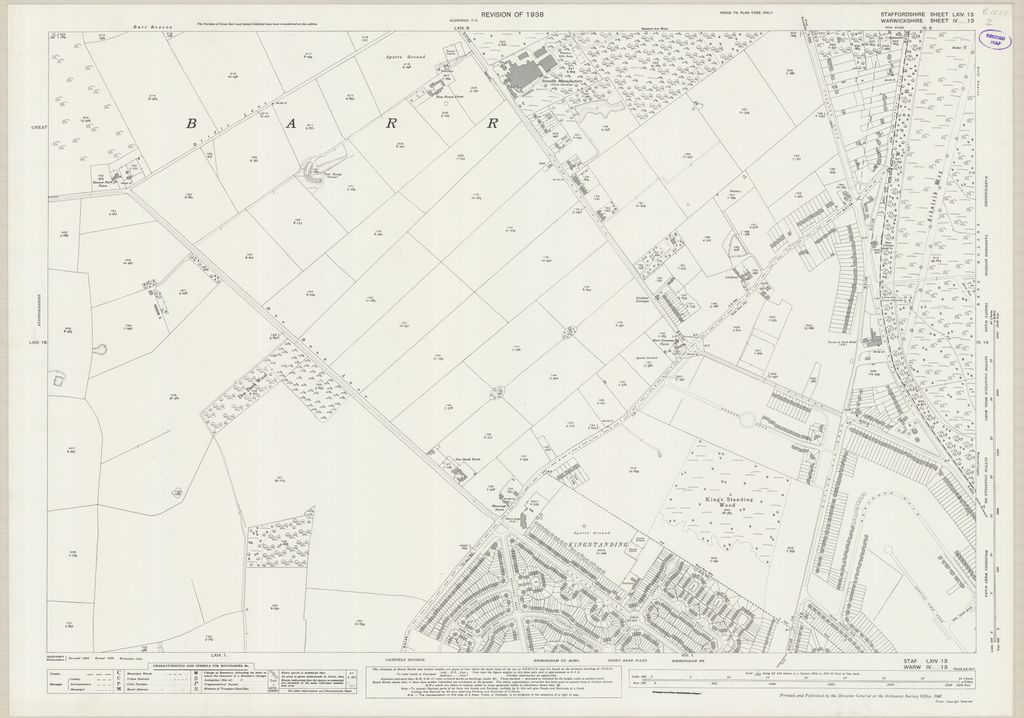 Detailed map revised 1938 showing new council-house streets in north Kingstanding replacing the fields, with the Queslett and Pheasey edge