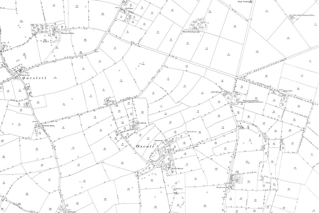 Detailed 1880s field map showing Queslett, Pheasey Farm, Oscott village, Kettle House, King's Standing, Kings Vale and the Greyhound Inn on Holly Lane