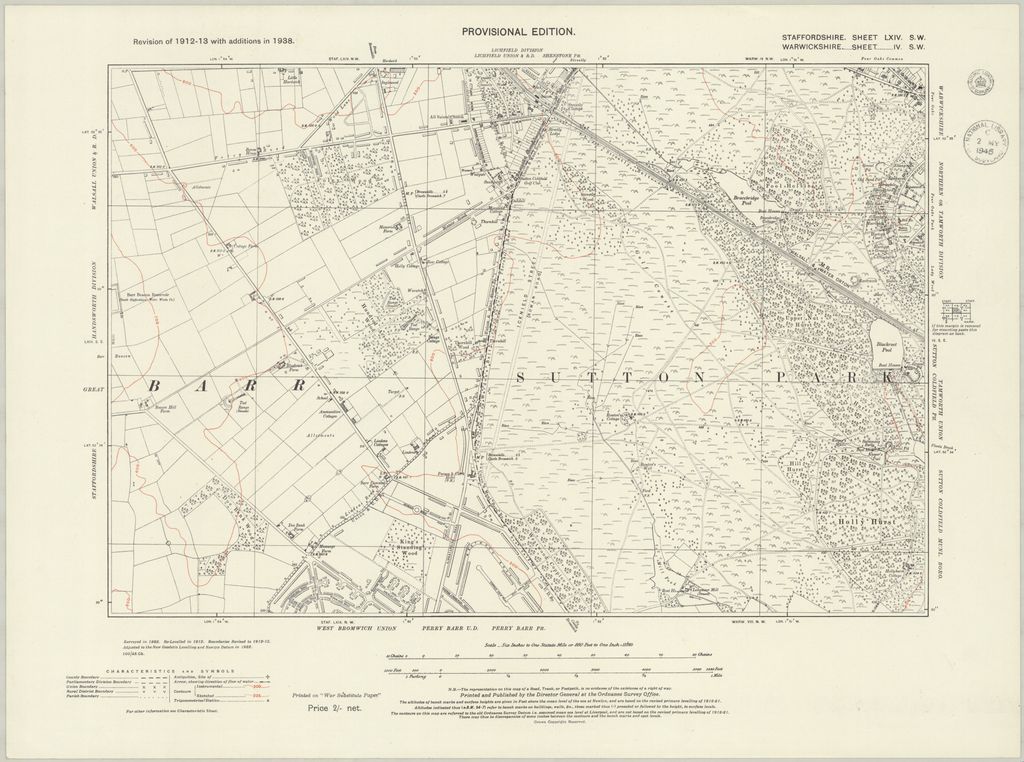Six-inch map revised 1938 showing Queslett, Pheasey, Barr Beacon edge and the northern Kingstanding estate streets