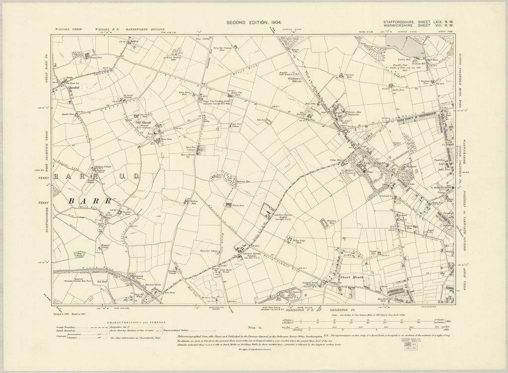 Six-inch map sheet showing Queslett, Old Oscott, Kettle House Farm, King's Vale pumping station, Hare & Hounds Inn, Warren Farm, Halfway Farm and New Oscott