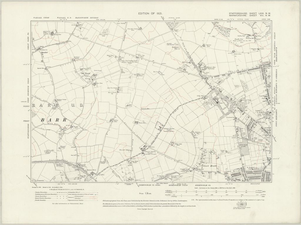 Six-inch map sheet of 1921 showing the Kingstanding area still as fields and farms, with Kettle House Farm, Warren Farm and the Hare and Hounds