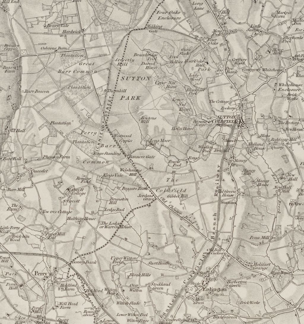 Engraved one-inch map showing Perry Barr Common, 'Kings Standing', Kings Vale, Icknield Street, Banners Gate, Welshmans Hill and Oscott College