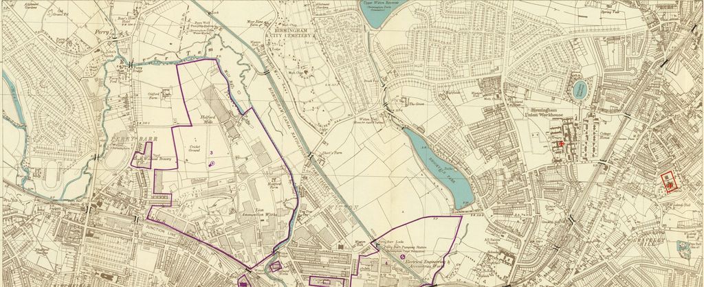 Detail of a German 1941 map: violet outlines round Kynoch's Lion Ammunition Works and Holford Mills and the GEC works at Witton, beside Witton Cemetery and the canal.