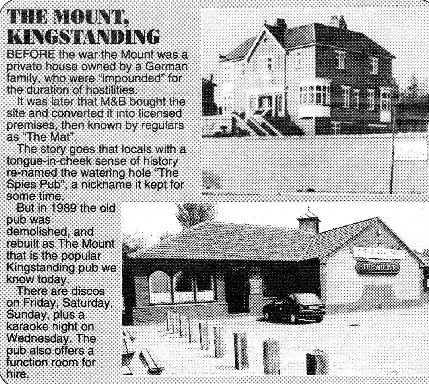 A newspaper cutting headed The Mount, Kingstanding, with a photo of a large brick house and one of the low modern pub that replaced it