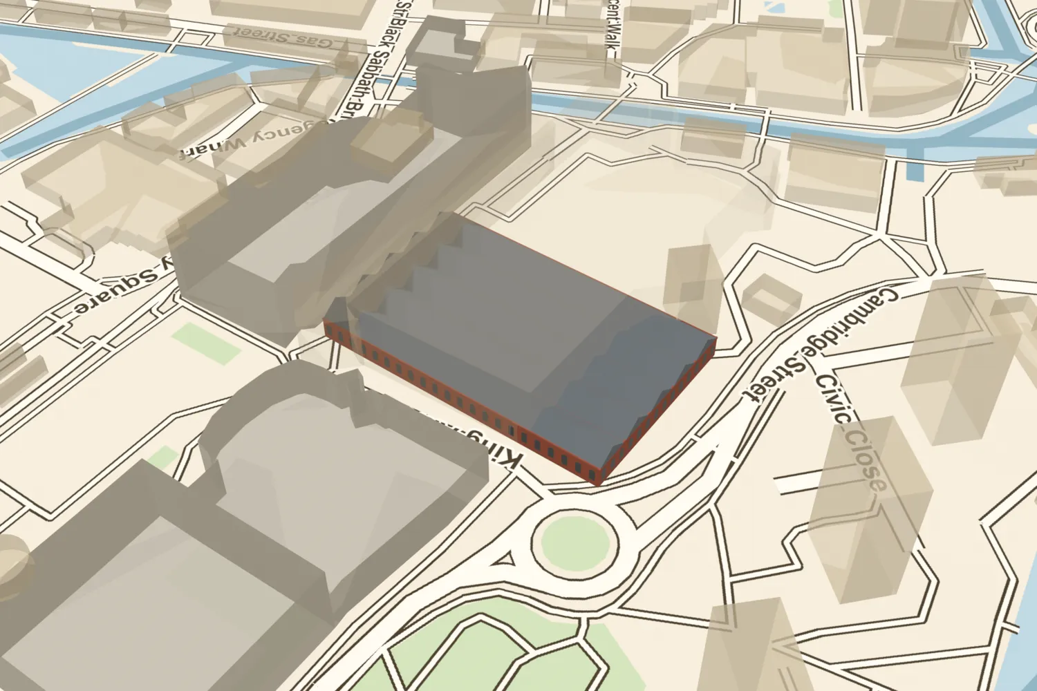 A 3D model of Bingley Hall, a huge brick hall with five parallel pedimented roofs, placed under today’s International Convention Centre off Broad Street