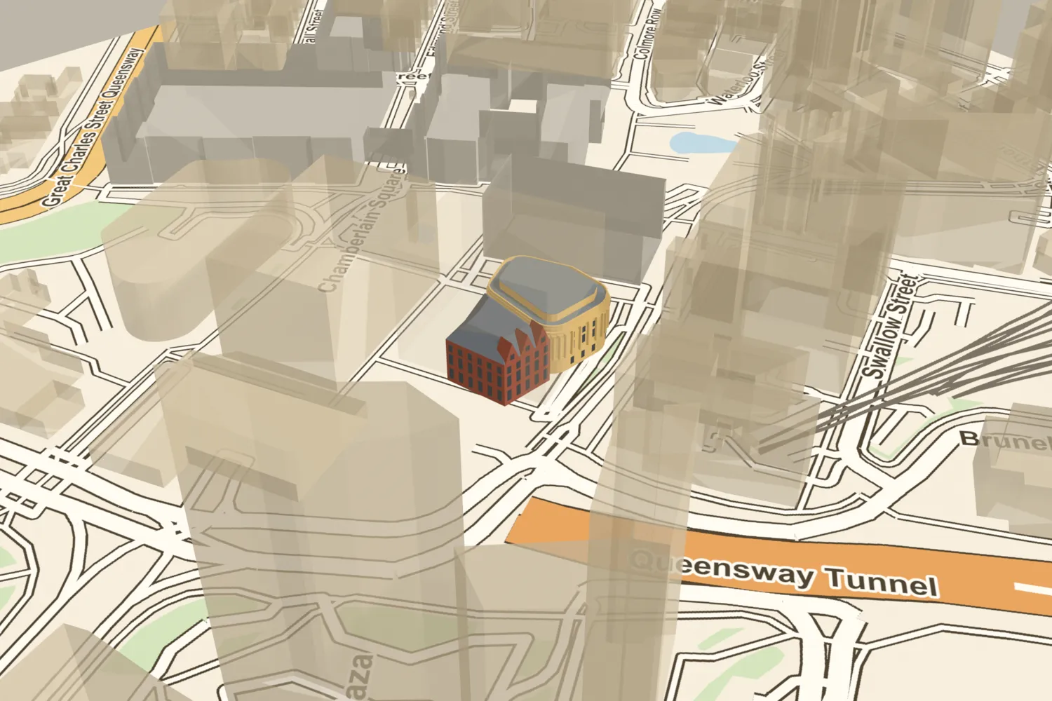 A 3D model of the Birmingham and Midland Institute on Paradise Street, placed among today’s Paradise buildings in central Birmingham