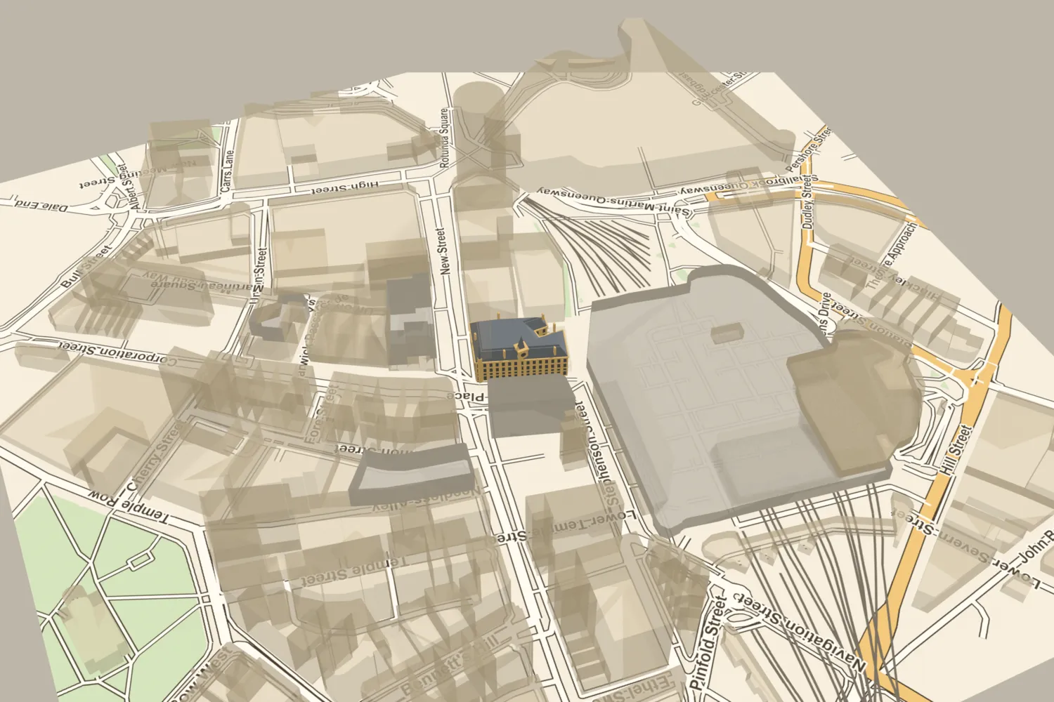 A 3D model of the Birmingham Exchange, a Gothic stone building with a tall clock tower, placed on today’s Stephenson Place beside New Street station