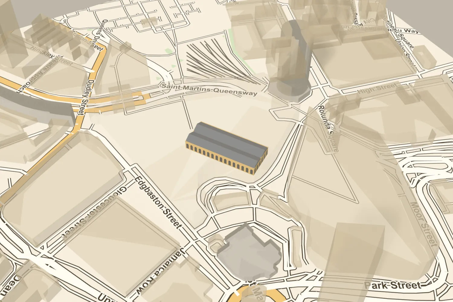A 3D model of the Fish Market, an arcaded hall with twin gables, placed beside today’s Bullring