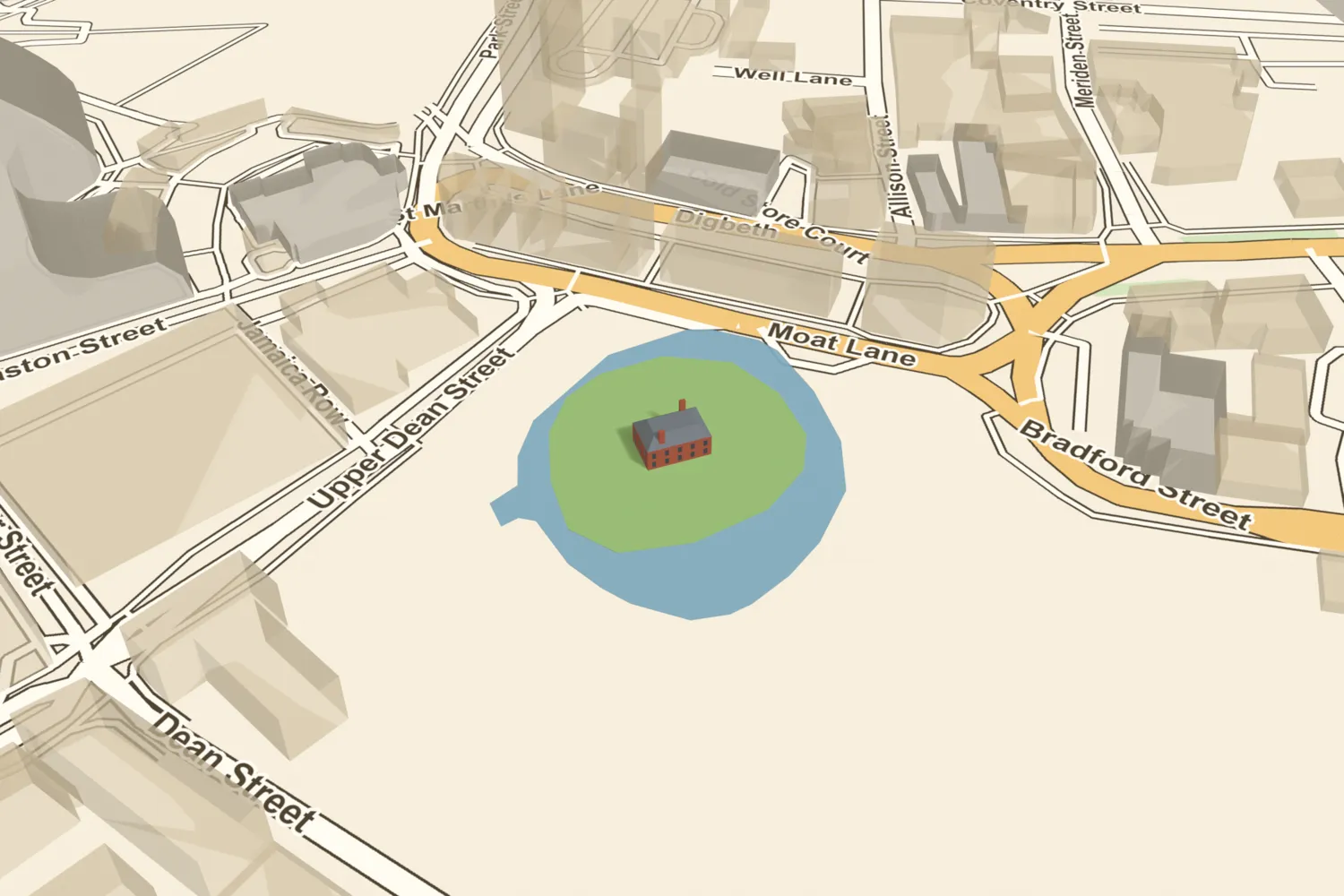 A 3D model of the moat and island of the de Bermingham manor house, placed on today’s former wholesale markets site south of the Bullring