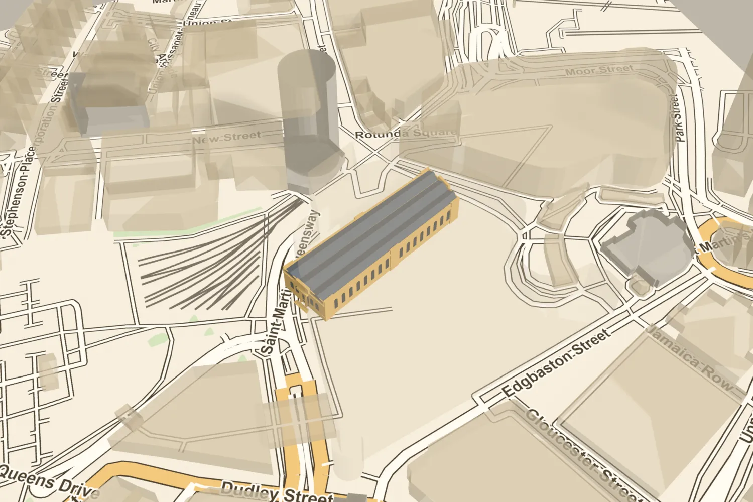 A 3D model of Birmingham’s Market Hall, a long Bath stone building with three roof ranges, placed among today’s Bullring buildings just west of the Rotunda