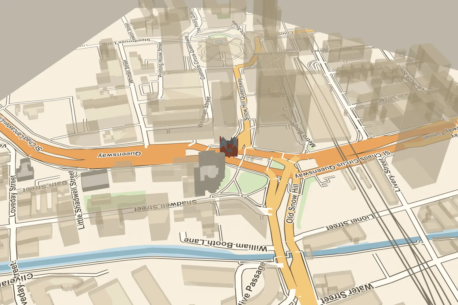 A 3D model of Pugin’s Bishop’s House, a red-brick Gothic house, placed beside today’s St Chad’s Queensway opposite the cathedral