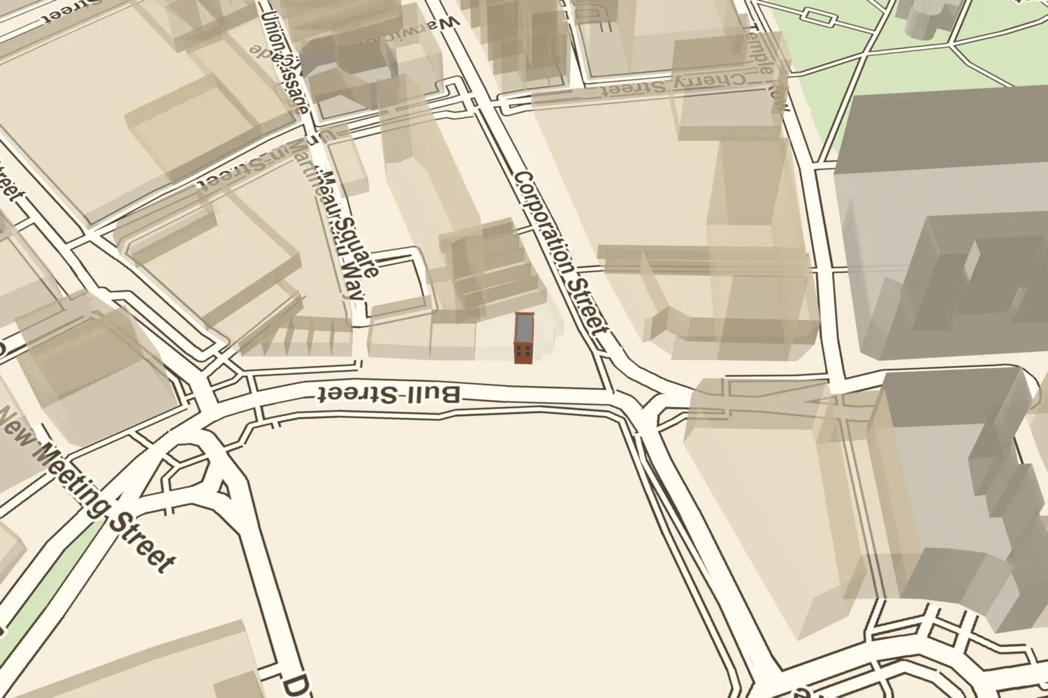 A 3D model of John Cadbury’s narrow three-storey shop at 93 Bull Street, placed beside today’s Corporation Street crossing in Birmingham city centre