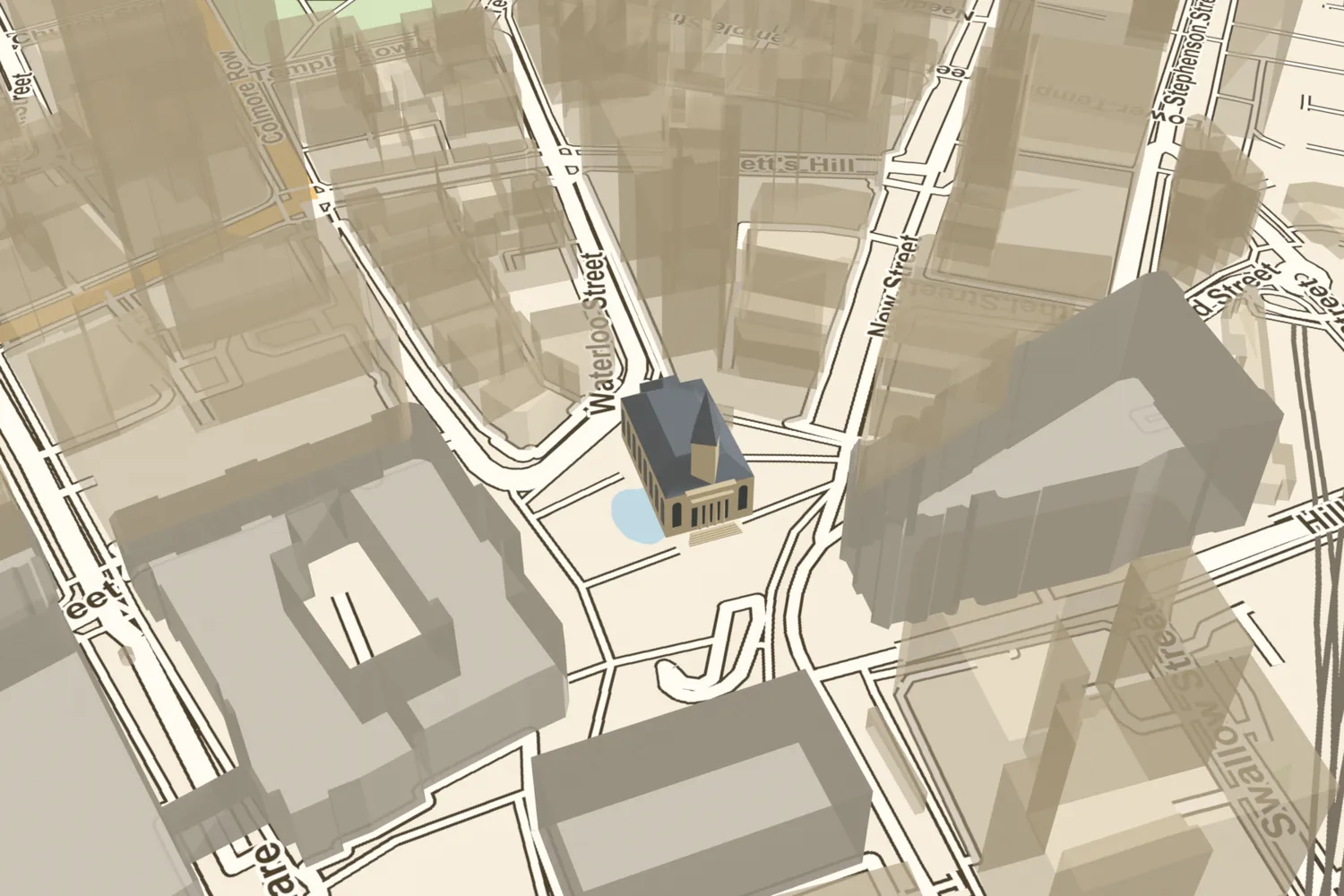 A 3D model of Christ Church, a stone church with a Doric portico and a tall spire, placed at the top of today’s Victoria Square opposite the Town Hall