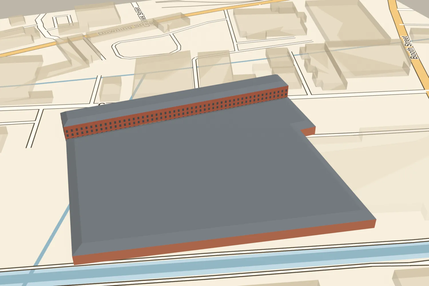 A 3D model of Tangyes’ Cornwall Works, a long brick works block and sheds, placed beside the Birmingham Canal and Cornwall Road, Smethwick