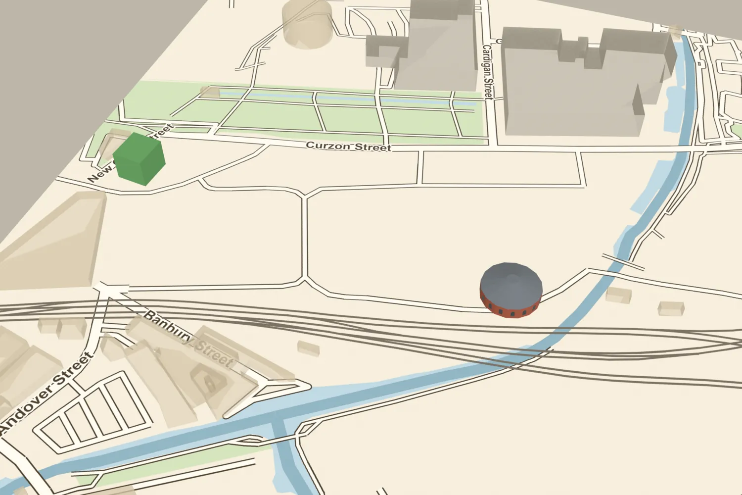 A 3D model of the 1837 Curzon Street roundhouse, a sixteen-sided brick engine shed, placed beside the surviving Curzon Street station building