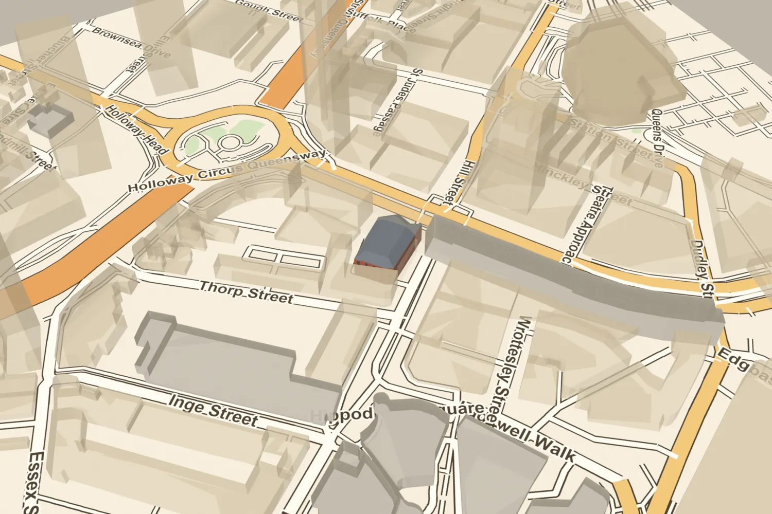 A 3D model of the Empire Theatre on Hurst Street, a red brick music hall, placed beside today’s Birmingham Hippodrome